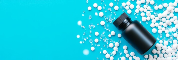 Medicine Bottle and Pills on Blue - Health, wellness, supplement, pharmacy, medication.  Clean and simple image.