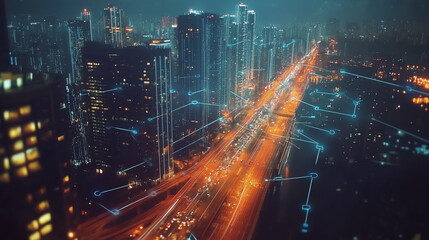 Fototapeta premium Smart digital Innovation city with connection network reciprocity over the cityscape. of future smart wireless digital city and social media networking systems that connects people with in city