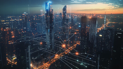 Fototapeta premium Smart digital Innovation city with connection network reciprocity over the cityscape. of future smart wireless digital city and social media networking systems that connects people with in city