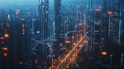 Fototapeta premium Smart digital Innovation city with connection network reciprocity over the cityscape. of future smart wireless digital city and social media networking systems that connects people with in city