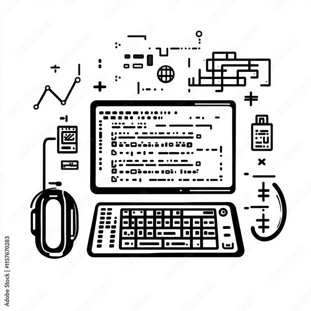Poster a minimalist illustration of a computer setup showcasing a keyboard, mouse, and digital elements in 
