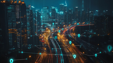 Smart digital Innovation city with connection network reciprocity over the cityscape. of future smart wireless digital city and social media networking systems that connects people with in city