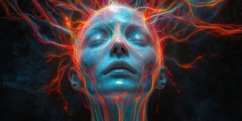 Surreal Digital Art of an Ethereal Human Face Illuminated by Vibrant Neon Lights and Energy Veins, Enigmatic Conceptual Expression in Futuristic Style