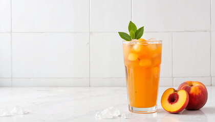 Refreshing peach drink with ice and mint on marble background