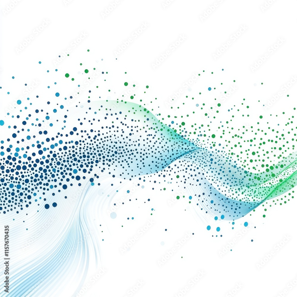 Poster abstract wave pattern with flowing lines and colored dots in shades of blue and green.