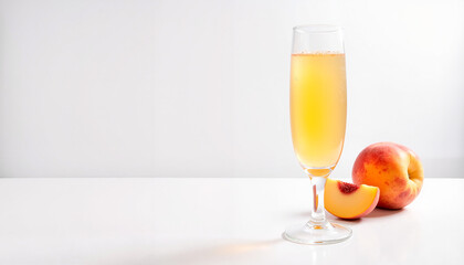 Glass of peach cocktail with fresh peach on white background