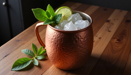 Copper mug filled with ice, mint, and lime on wooden table