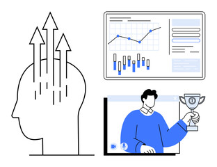 Line art human head with rising arrows, a line graph on a screen, person holding a trophy during a video call. Ideal for business strategy, growth analytics, achievement, training, presentations
