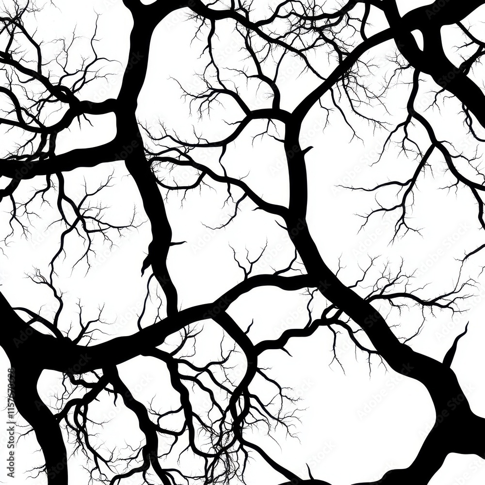 Poster intricate black branches silhouette against a white background, creating an abstract and moody visua