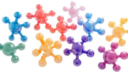 3D colorful molecular structures with glowing effects, vibrant gradients, and futuristic designs on white.
