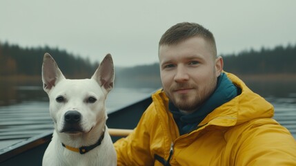 Man in Yellow Jacket with White Dog on Calm Lake in Overcast Weather