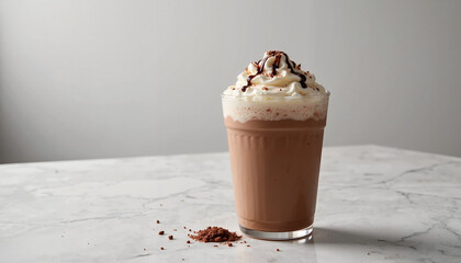 Chocolate milkshake topped with whipped cream on marble table