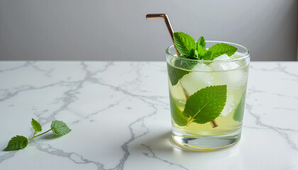 Refreshing drink with mint leaves on marble table