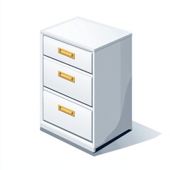 A sleek, modern white three-drawer cabinet with gold handles, perfect for any contemporary workspace.