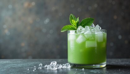 Refreshing green cocktail with ice and mint on dark background