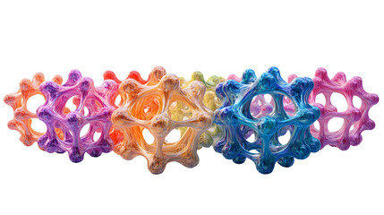 Colorful 3D molecular structures with vibrant gradients and glowing effects on a futuristic white background.