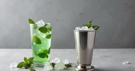 Refreshing green drink with mint leaves and ice