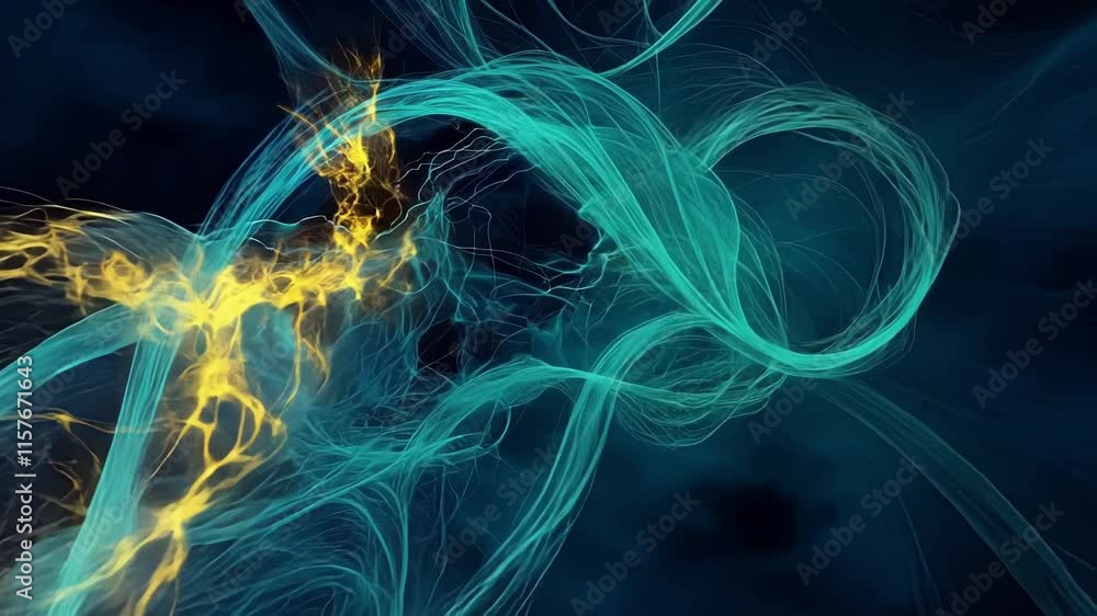 Poster turquoise and gold energy filaments intertwining, undulating across dark backdrop, creating mesmeriz