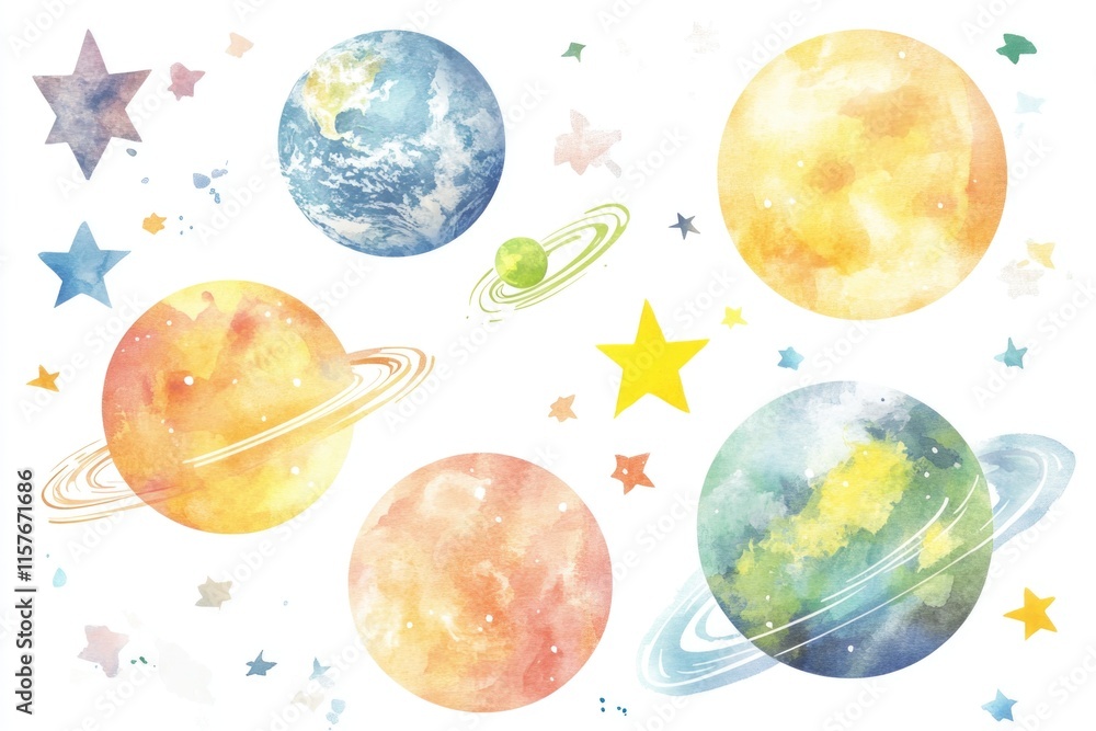 Poster A collection of colorful planetary bodies and celestial objects in a watercolor style, ideal for use as background or texture