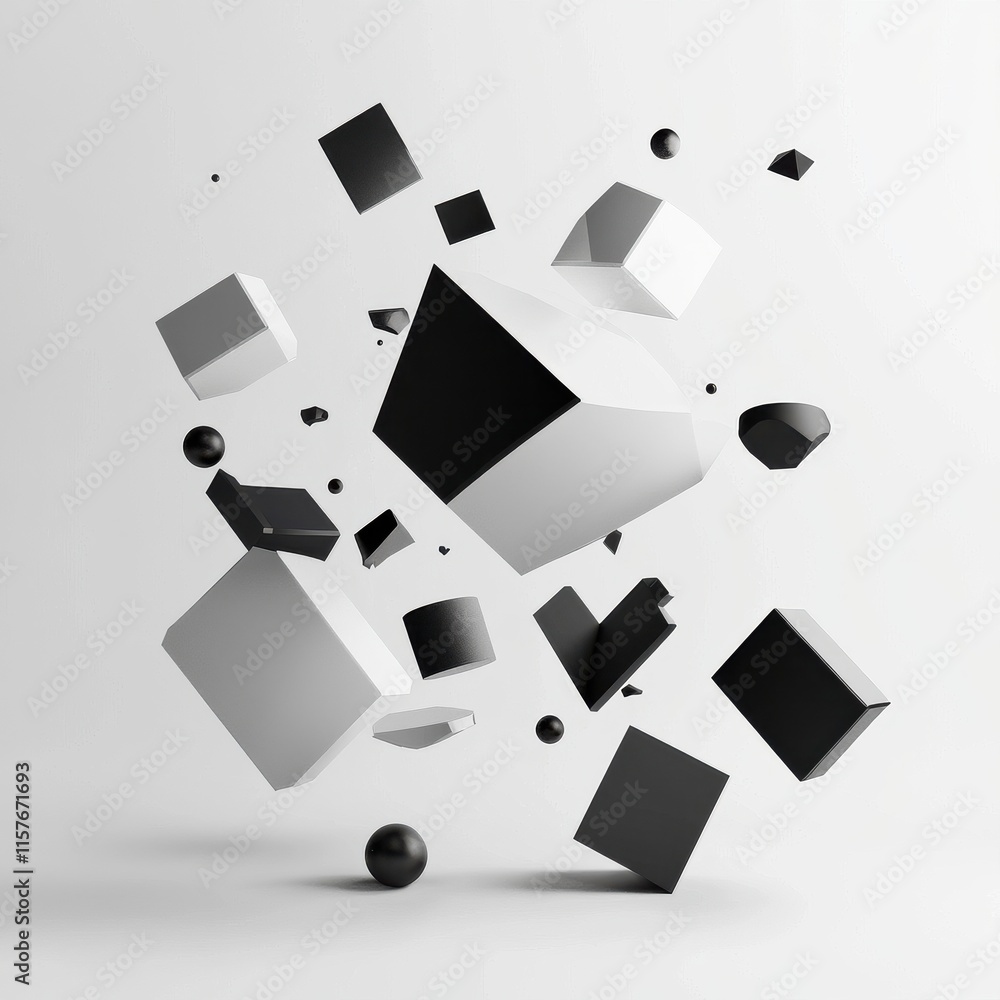 Poster an abstract composition of black and white geometric shapes in dynamic motion against a light backgr