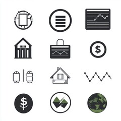 A collection of minimalistic black icons representing finance, data, and business concepts.