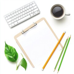 A bright workspace featuring a clipboard, colored pencils, a keyboard, and a cup of coffee, creating a motivational atmosphere.