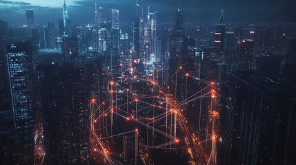 Obraz premium Smart digital Innovation city with connection network reciprocity over the cityscape. of future smart wireless digital city and social media networking systems that connects people with in city