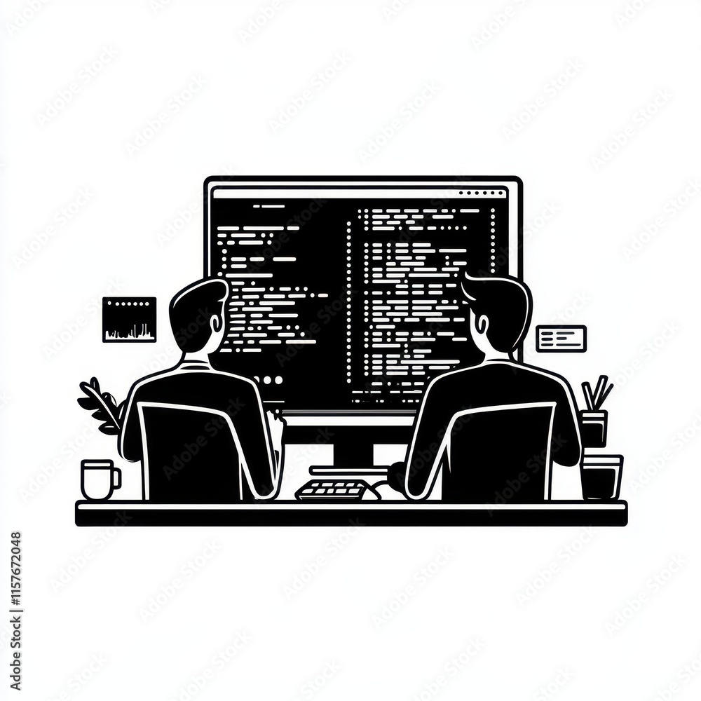 Poster two male programmers focusing on coding projects together in a modern workspace, showcasing teamwork