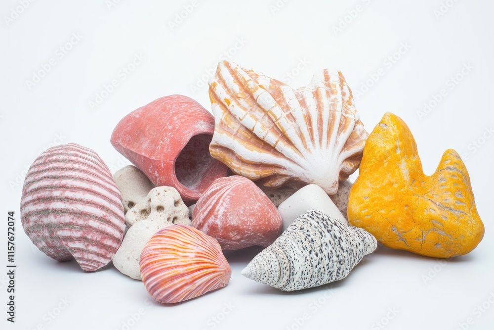 Poster A collection of seashells arranged neatly on a white surface