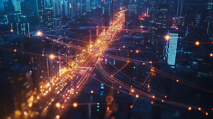 Fototapeta premium Smart digital Innovation city with connection network reciprocity over the cityscape. of future smart wireless digital city and social media networking systems that connects people with in city