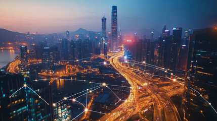 Fototapeta premium Smart digital Innovation city with connection network reciprocity over the cityscape. of future smart wireless digital city and social media networking systems that connects people with in city
