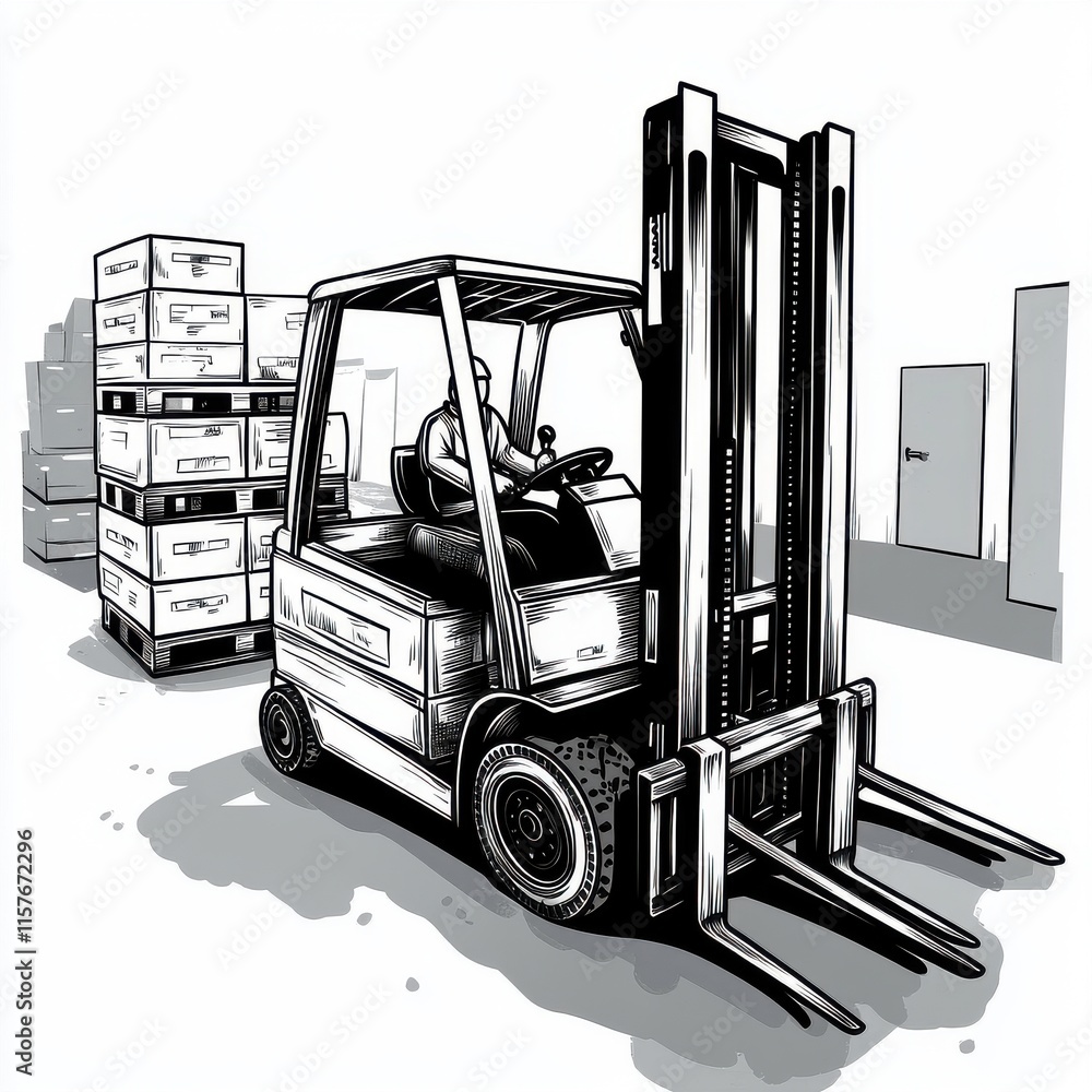 Poster a worker operating a forklift in a warehouse, surrounded by stacked crates and boxes.