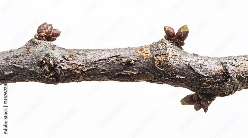 Poster close-up of a tree branch with two buds, showcasing its texture and the beginning of spring. isolate