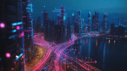 Obraz premium Smart digital Innovation city with connection network reciprocity over the cityscape. of future smart wireless digital city and social media networking systems that connects people with in city