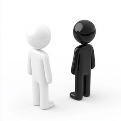 Two minimalist figurines, one white and one black, gazing at each other against a clean white background.