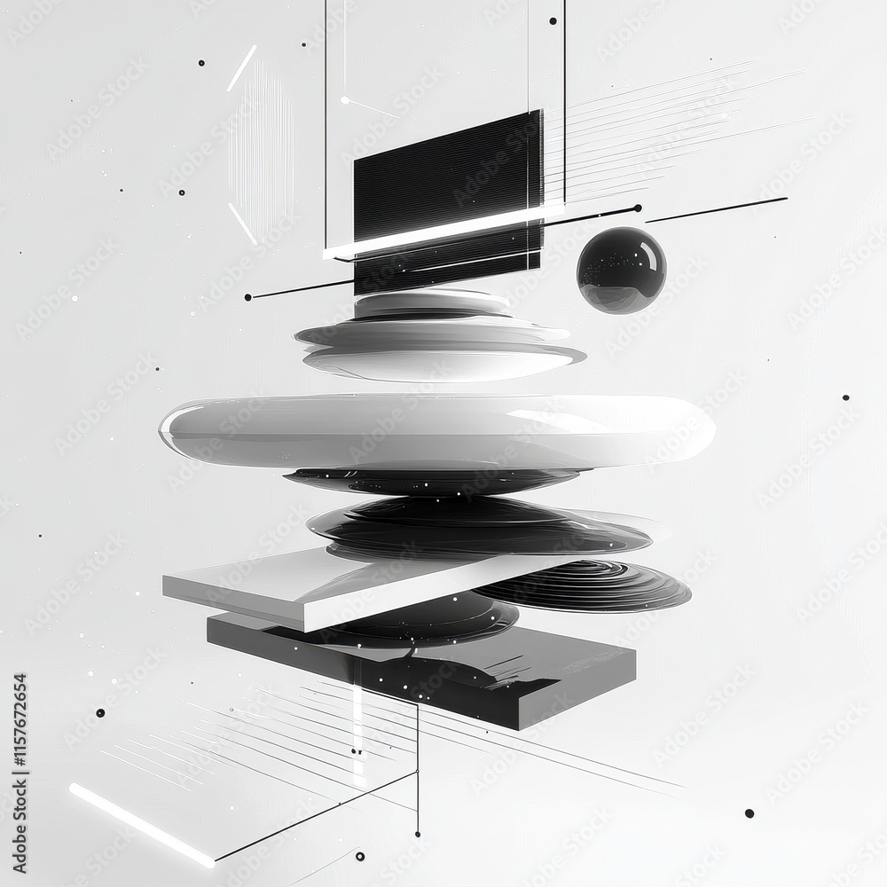 Poster abstract composition of layered geometric shapes in black and white, creating a modern and minimalis