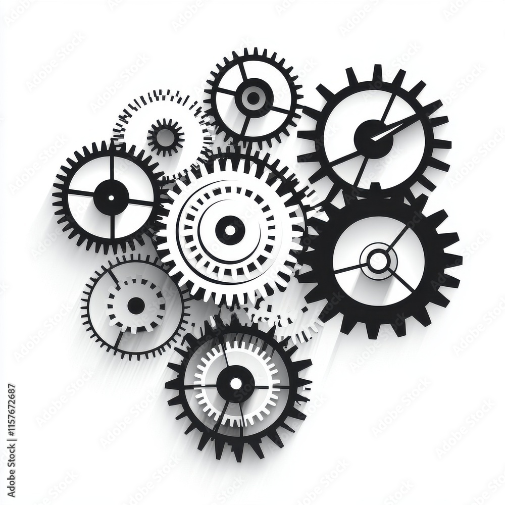 Poster a dynamic arrangement of black and white gears symbolizing innovation and teamwork.