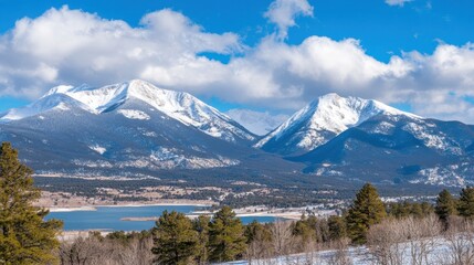 Scenic Mountain Range with Snow-Capped Peaks under Blue Sky