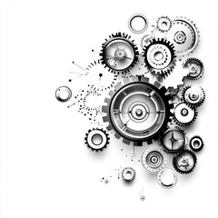 A dynamic arrangement of metallic gears in black and silver tones, symbolizing technology and innovation.