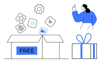 Woman pointing at a free box with icons such as a star, heart, shopping cart, and globe. Another box with a gift. Ideal for marketing, promotions, e-commerce, customer engagement rewards programs