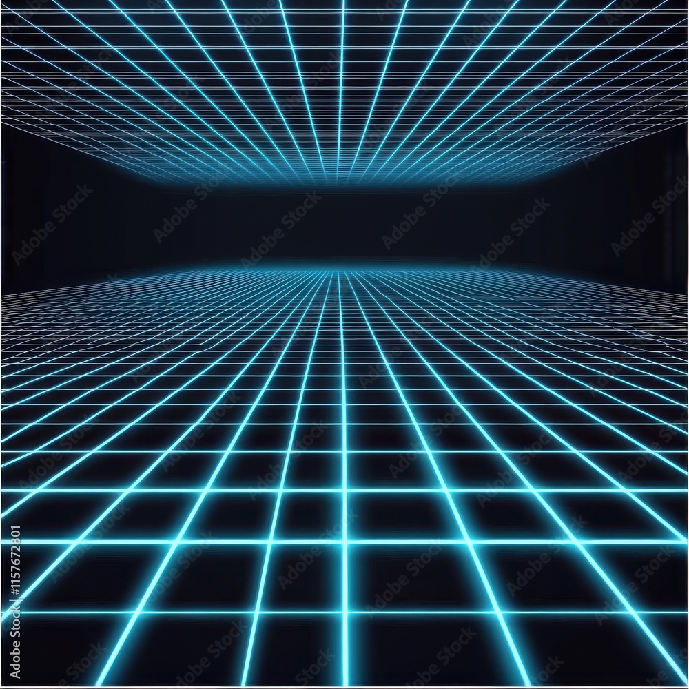 Poster a mesmerizing blue grid extends into a dark space, creating a futuristic and ethereal atmosphere.