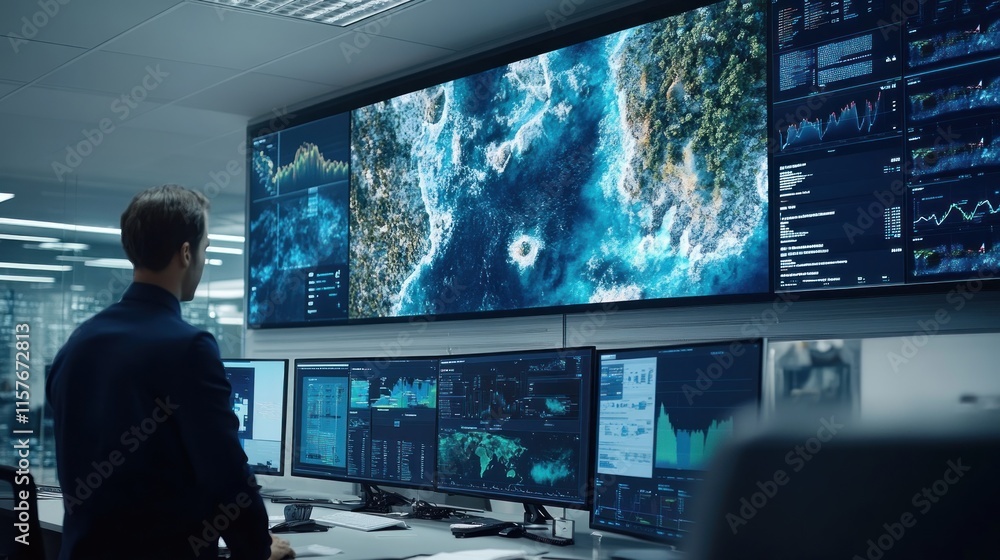 Poster global data monitoring: a specialist analyzes complex information on multiple screens