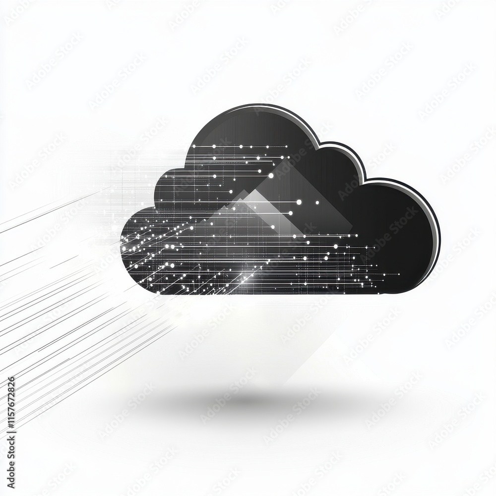 Poster abstract black cloud icon symbolizing digital data transfer and cloud computing technology.