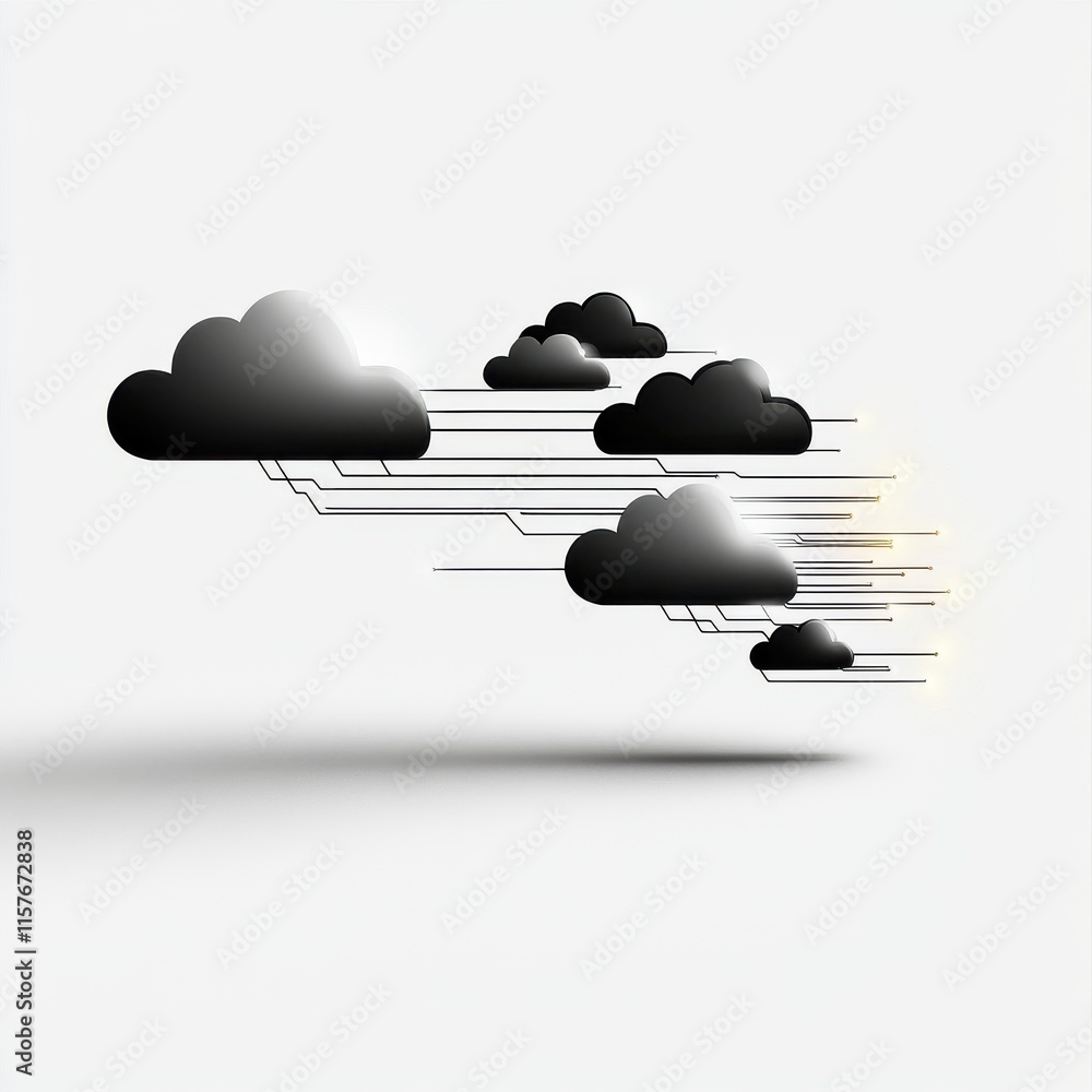 Poster stylized black clouds with flowing lines representing data, conveying technology and innovation.