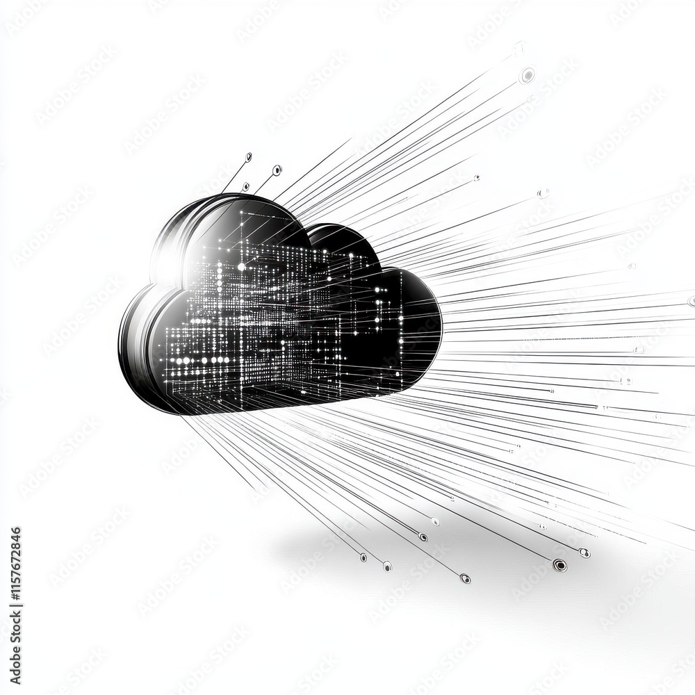 Poster abstract black cloud with digital lines representing data flow and storage, conveying technology and