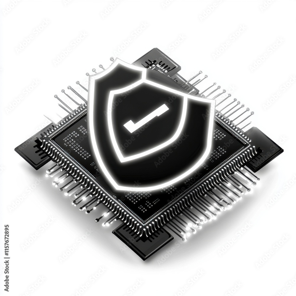 Poster a digital microchip with a glowing shield symbol, representing cybersecurity and data protection tec