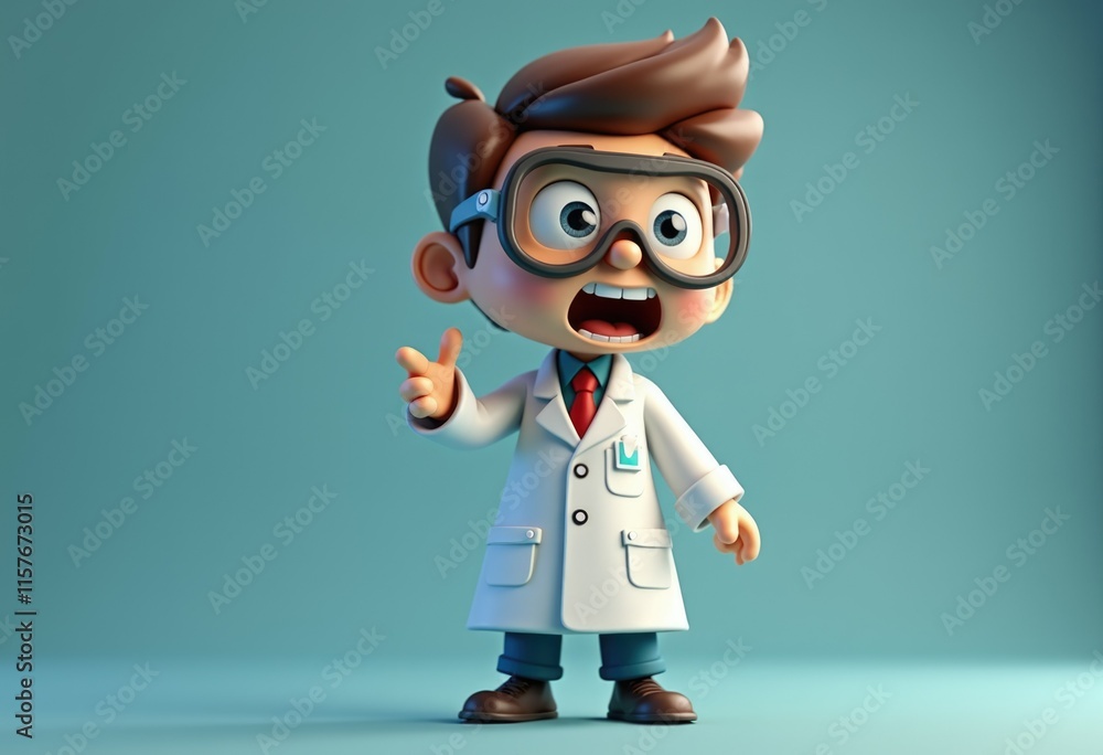 Poster a 3d cartoon scientist with goggles excitedly points to something off screen.