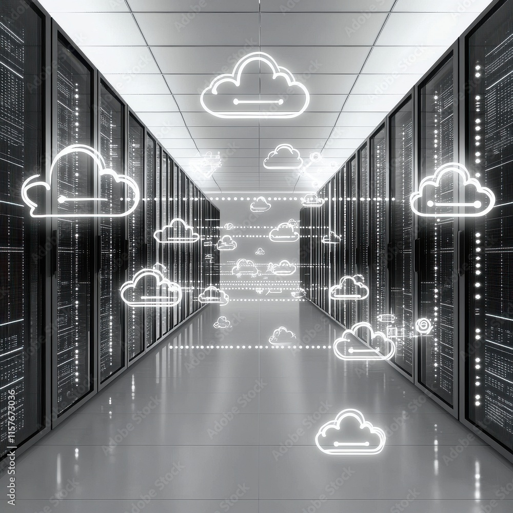 Poster a modern data center with cloud icons representing digital connectivity and storage solutions.