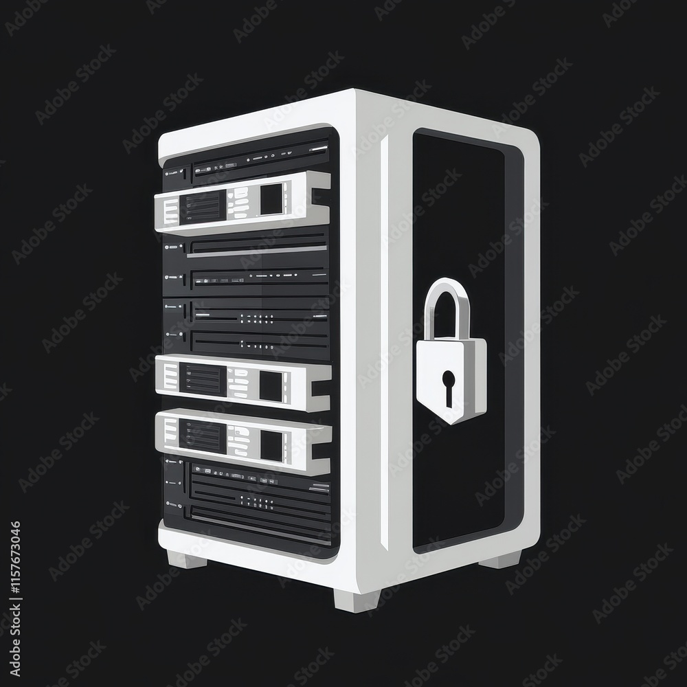 Poster a sleek, modern data server with a padlock, symbolizing cybersecurity and data protection.