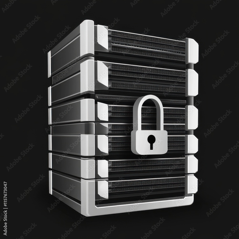 Poster a stacked server unit featuring a padlock graphic, symbolizing data security and protection.